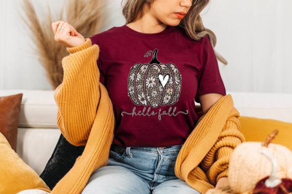 Hello Fall Pumpkin Shirt, Fall Tee, Cozy Fall Shirt, Family Thanksgiving Shirt, Fall Lover Shirt, Cute Pumpkin Gift for Fall, Floral Pumpkin
