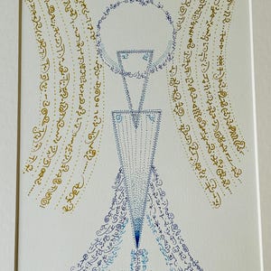 May include: A framed artwork featuring a central vertical composition of blue dotted geometric shapes, including a circle and two triangles, surrounded by flowing, curved lines of intricate, calligraphic script in both gold and blue ink.