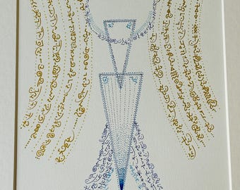 Lámina del Arcángel Miguel, Arte de Código de Luz de Geometría Sagrada Azul y Dorado (A4)