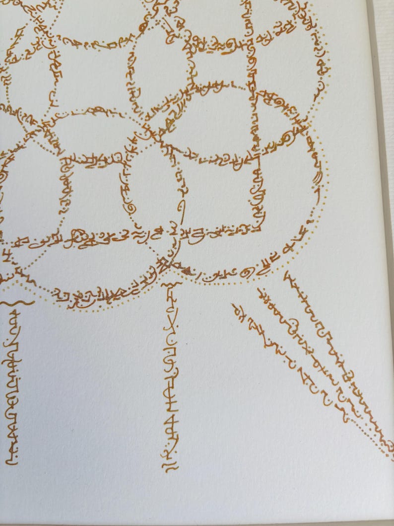 Puede incluir: Un lienzo blanco que presenta una serie de c&iacute;rculos superpuestos formados por una intrincada caligraf&iacute;a de tinta dorada dibujada a mano. La escritura consta de caracteres fluidos y conectados que trazan los contornos circulares y se extienden.