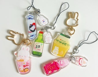 Asian Drinks + Snacks Acrylic Double Sided Keychain Phone Charm | 2 inch - Cute - Ramen - Soju - White Rabbit Candy - Ramune - Banana Milk