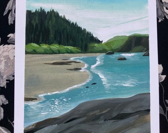 May include: An original landscape painting depicting a coastal scene. The artwork features a sandy beach, turquoise water, and a forested hillside under a blue sky. The painting uses a palette of greens, blues, and browns to create a serene coastal view.