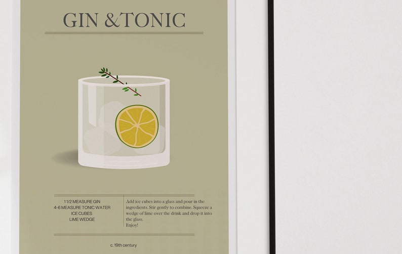 May include: A framed print featuring a Gin & Tonic cocktail illustration. The image shows a clear glass with ice cubes, a lime wedge, and a sprig of thyme. The text "GIN & TONIC" is at the top.