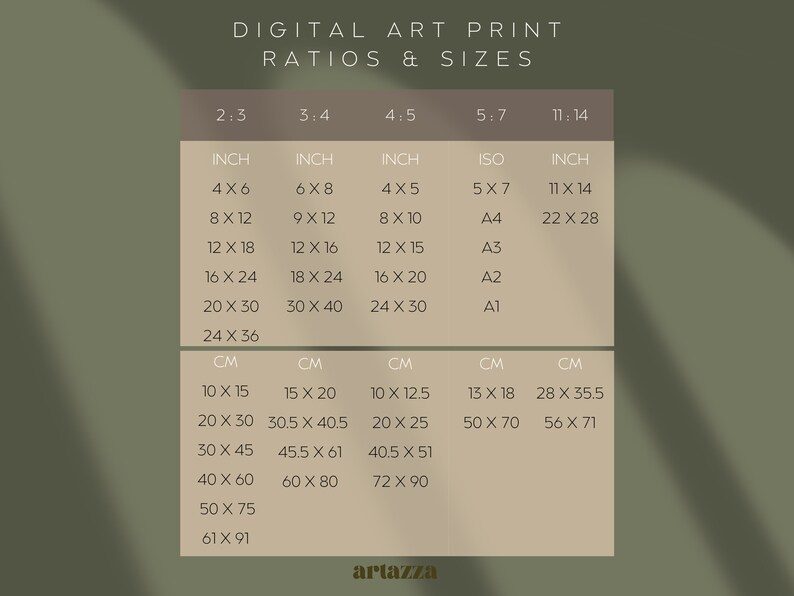 May include: A digital art print size chart with inch and centimeter measurements. The chart includes sizes like 4x6 inches, 8x12 inches, and 10x15 cm, 20x30 cm, and more. The text "DIGITAL ART PRINT RATIOS & SIZES" is at the top.