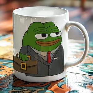May include: White ceramic mug featuring a cartoon frog in a suit and tie, holding a briefcase. The frog is green with a red tie and a gray suit. The mug has a curved handle and is sitting on a colorful patterned surface.