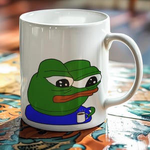 Peut inclure: Mug en céramique blanche avec un dessin de grenouille verte et bleue, tenant une petite tasse blanche. La tasse a une anse incurvée et est posée sur une surface à motifs. L'arrière-plan présente des plantes et de la lumière naturelle.
