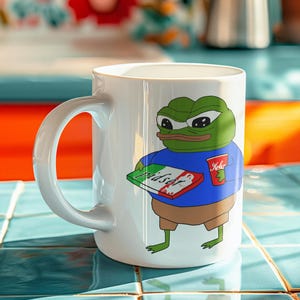 Puede incluir: Taza de cerámica blanca con un personaje de rana de dibujos animados con una camisa azul y pantalones marrones. La rana sostiene un letrero con los colores de la bandera italiana y la palabra "Midsar". También se ve una taza roja con la palabra "Hello".