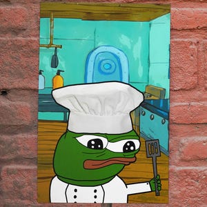 Apu Apustaja Chef Pepe Poster Chef&#39;s Hat Frog Fren Meme Pepe Chef In Kitchen Funny Culinary Memes Internet Culture Foodie Humor Wall Art