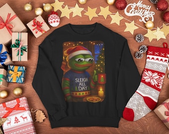 Sleigh All Day Apu Santa Christmas Meme Sweatshirt Cute Cozy Frog Christmas Sweater Crewneck