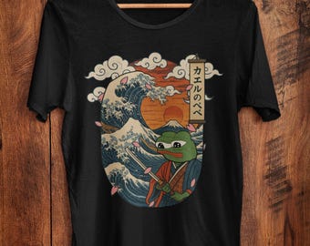 Apu Apustaja Samurai Pepe The Frog Great Wave Off Kanagawa Fren Meme Funny Japanese Aesthetics Culture & Humor Sakura Petals Graphic Tees