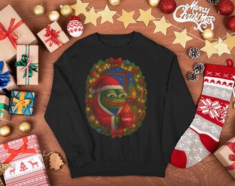 Cozy Comfy Apu Santa Christmas Meme Sweatshirt Wholesome Frog Wreath Scene Holiday Internet Humor Crewneck
