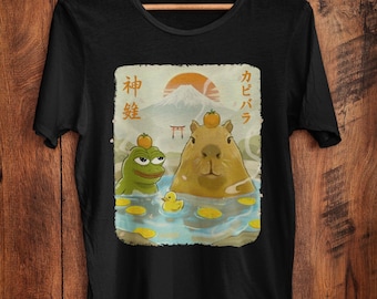 Pepe Capybara Onsen Shirt Funny Meme Tee Japanese Aesthetic Mt Fuji Hot Spring Kawaii Duck Frog Apu Capybara Ramen Japan Anime Style