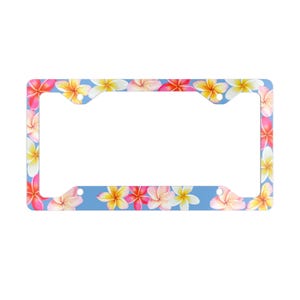 Light Blue Pink Plumeria Frangipani Hawaiian Flower Metal License Plate Frame