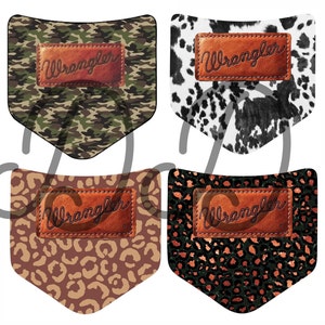 May include: Four different fabric patches with a brown leather patch that says "Wrangler" in a white font. The patches are in a camouflage pattern, a black and white cow print, a brown and tan leopard print, and a black and orange leopard print.