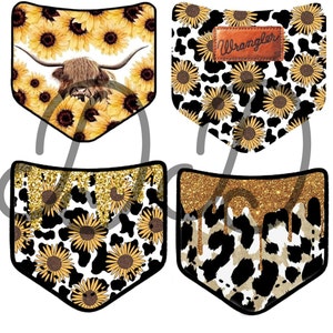 Puede incluir: Cuatro diseños diferentes de parches para planchar con un patrón de piel de vaca, girasoles y purpurina dorada. Los parches tienen forma de bolsillo y uno de los diseños tiene un parche de cuero marrón con la palabra "Wrangler" en él.
