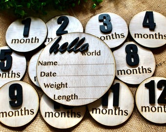 Baby Monthly Milestone Marker, 1-12 Month Baby milestone cards, Monthly Wooden Milestone Discs, Personalized Month Signs Baby wood
