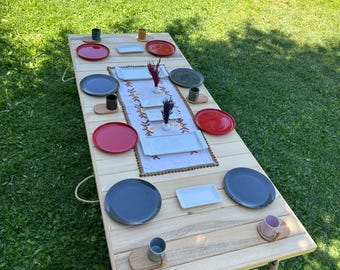 Wooden picnic table,birthday party table,natural table ,camping table decor, Picnic table folding, Boho picnic ,Wood table, Portable table