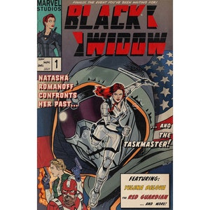 Peut inclure: Une couverture de bande dessinée mettant en scène Black Widow dans un costume blanc et rouge, avec le titre "Black Widow" en grandes lettres rouges. La couverture présente également le texte "Natasha Romanoff Confronte son passé... et Taskmaster !" et "Avec : Yelena Belova, le Gardien Rouge... et plus encore !"