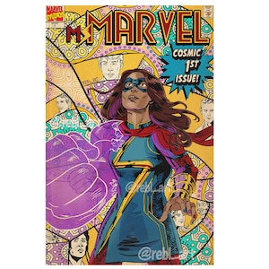 May include: A comic book cover featuring a female superhero with brown hair and a purple energy blast. The cover is yellow with a colourful mandala pattern and the text "MARVEL COSMIC 1ST ISSUE!"