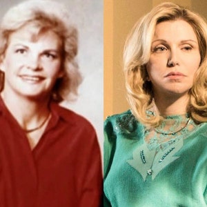 May include: A split image showing a woman in a red shirt with a similar woman in a green sweater. The woman on the left is smiling and the woman on the right has a more serious expression.