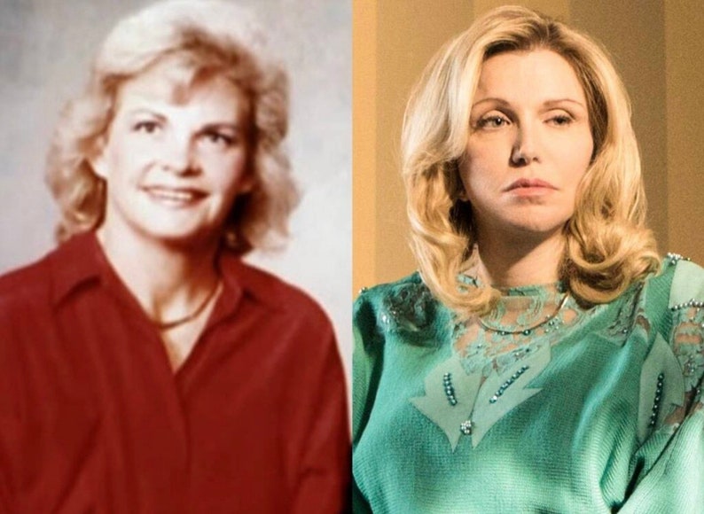 May include: A split image showing a woman in a red shirt with a similar woman in a green sweater. The woman on the left is smiling and the woman on the right has a more serious expression.