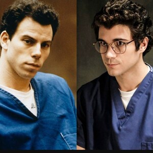 May include: A side-by-side comparison of two photos of the same person. The photo on the left shows the person in a blue prison uniform. The photo on the right shows the person in a blue medical uniform wearing glasses.