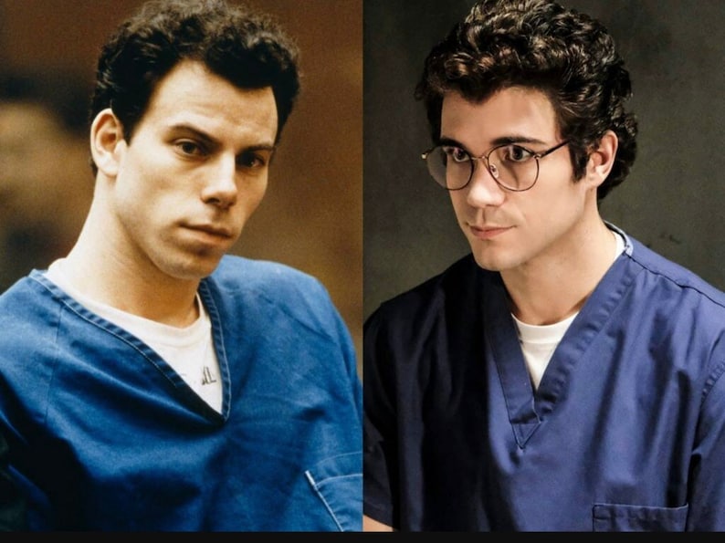 May include: A side-by-side comparison of two photos of the same person. The photo on the left shows the person in a blue prison uniform. The photo on the right shows the person in a blue medical uniform wearing glasses.