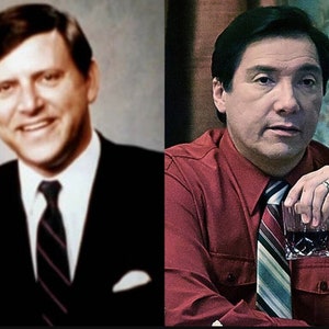 May include: A side-by-side comparison of a man in a black suit and tie, and a man in a red shirt and striped tie. The man in the suit is smiling, while the man in the shirt has a serious expression.