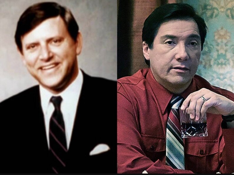 May include: A side-by-side comparison of a man in a black suit and tie, and a man in a red shirt and striped tie. The man in the suit is smiling, while the man in the shirt has a serious expression.