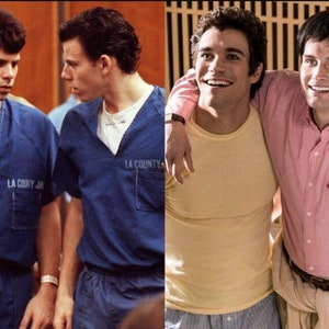May include: Two men, one in a blue prison uniform with the text "LA County Jail" and the other in a yellow t-shirt and pink button-down shirt, are smiling and posing for a photo.