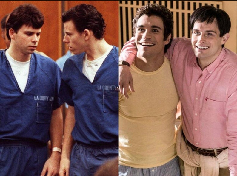May include: Two men, one in a blue prison uniform with the text "LA County Jail" and the other in a yellow t-shirt and pink button-down shirt, are smiling and posing for a photo.