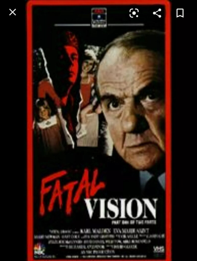 May include: A VHS tape cover for the movie "Fatal Vision", starring Karl Malden. The cover features a red and black color scheme with a close-up of Karl Malden's face. The title "Fatal Vision" is written in large, bold, red letters.