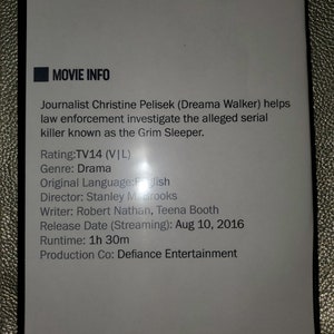 May include: Movie info card with white background and black text. The title is "Movie Info". The text describes the movie "Grim Sleeper" with details about the genre, director, writer, release date, runtime, and production company.