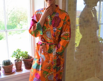 Orange Floral Print Kimono Style Cotton Dressing Gown