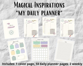 May include: A printable planner set with a cover page, 14 daily planner pages, 2 weekly to-do pages, 1 monthly to-do page, and 7 notes pages. The pages are 8.5 inches by 11 inches and are ready to print. The planner features a magical theme with illustrations of stars, moons, and other celestial objects.