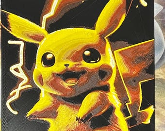 May include: A yellow Pikachu Pokemon character with black eyes and a wide smile. The character is surrounded by a white lightning bolt on a black background.