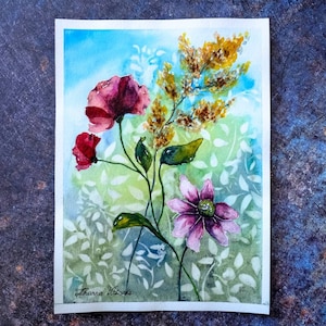 Wildflower Painting Original Art Flower Meadow Painting Floral Watercolor Artwork Floral Wall Art 8" by 11" by Zhanna Vitkovska