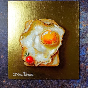 Egg Painting Food Original Art Breakfast Painting Fried Egg Wall Art Kitchen Decor Bread Artwork Still life Painting  by Zhanna Vitkovska