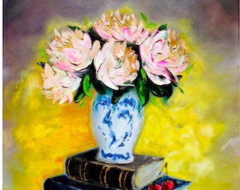 Peony Painting Original Art Flower Still Life Canvas Art Flowers in Vase Painting Impasto Painting 24" by 18" by Zhanna Vitkovska