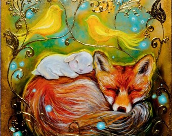 Fox Painting Rabbit Painting Original Art Animal Painting Fairytale Painting Gold leaf Wall Art 20  by 20 inches by Zhanna Vitkovska