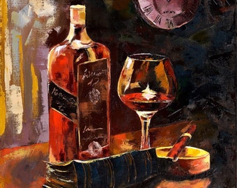 Whiskey Painting Original Art Still Life Cognac Glass Painting Cigar Painting Original Oil Painting Book Painting by Zhanna Vitkovska