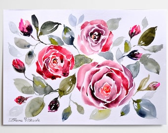 Rose Painting ORIGINAL Art Watercolor Red Rose Artwork Flower Illustration Botanical Original Painting 12" by 9" by Zhanna Vitkovska