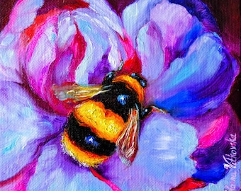 Bumblebee Painting Original Art Flower Artwork Bee Painting 6" by 6" by Zhanna Vitkovska