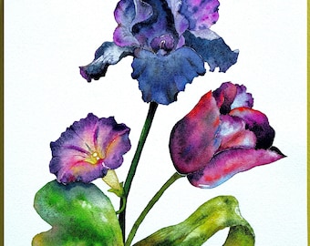 Iris Tulip Morning Glory Painting ORIGINAL Art READY to Ship Floral Watercolor Painting Flowers Art  9”x12" by Zhanna Vitkovska