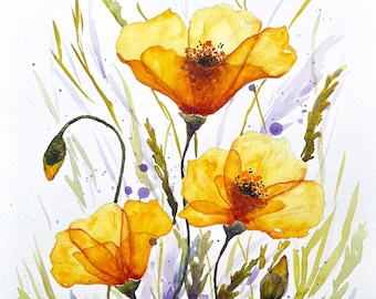Poppy Painting Original Art California Yellow Poppy Artwork Watercolor Flower Original Painting 9" x 12'' by Zhanna Vitkovska