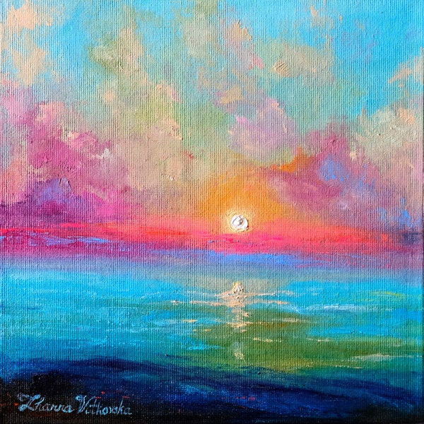 Peinture originale de lever de soleil rose 20,2 x 20,8 cm (8 po. par 8 po.) Oeuvre d'art paysage marin coucher de soleil sur l'océan, peinture originale, peinture à l'huile d'art par Zhanna Vitkovska