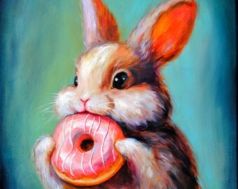 Rabbit Painting Original Art Donut Artwork Oil Painting Original Painting Animal Painting Nursery Wall Art 12" by 14" by Zhanna Vitkovska