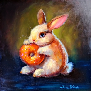 Rabbit Painting Original Art Donut Artwork Oil Painting Original Painting Animal Painting Nursery Wall Art 12 by 12 by Zhanna Vitkovska image 1