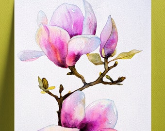 Magnolia Artwork Original Art Watercolor Flower Painting Pink Magnolia Painting Original Artwork 9" by 12" by Zhanna Vitkovska