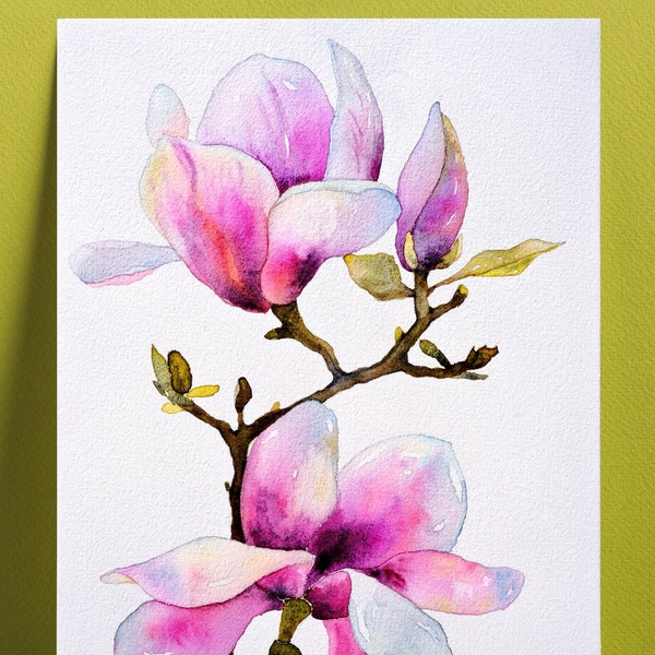 Magnolia Artwork Original Art Watercolor Flower Painting Pink Magnolia Painting Original Artwork 9" by 12" by Zhanna Vitkovska